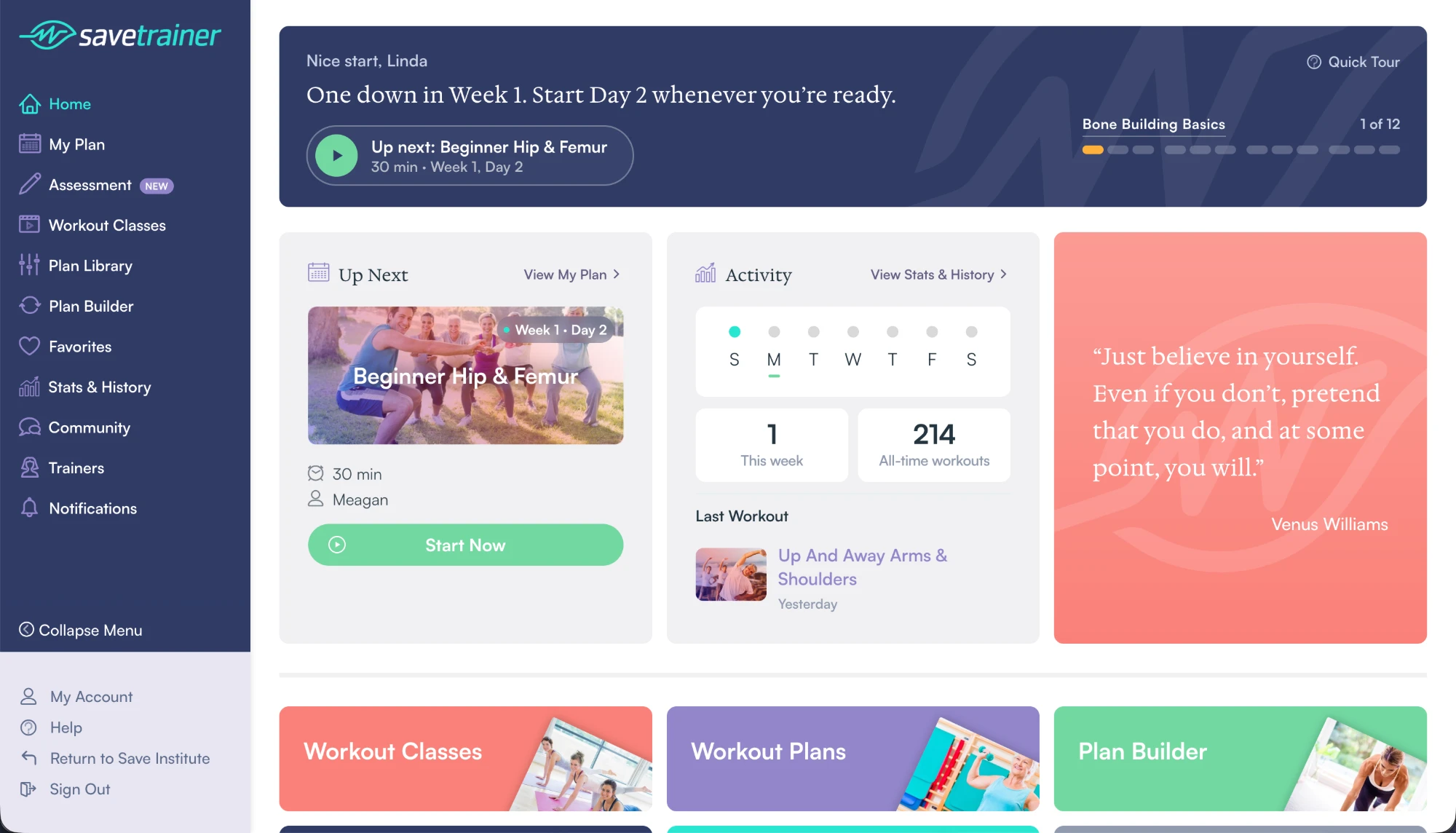 The SaveTrainer home screen showing your next workout, weekly activity and plan progress